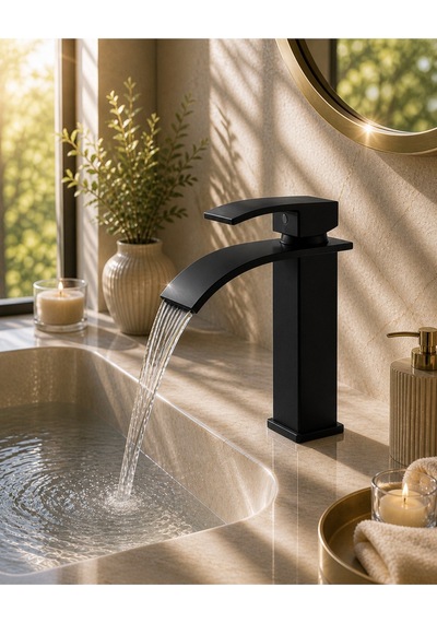 Mat Siyah Lavabo Bataryası Şelale Akışlı Modern Banyo Musluğu Tek Kollu Sabit Lavabo Çift Su Girişli