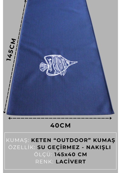 Marin Masa Örtüsü Nakışlı Balık Runner 145x40 Su İtici Outdoor Keten Tekne Bahçe Salon Mutfak Lacivert