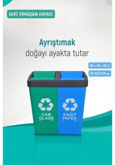 Geri Dönüşüm Kutusu Cam Kağıt Geri Dönüşüm Kovası Yeşil Mavi 80 Litre Yeşil-mavi