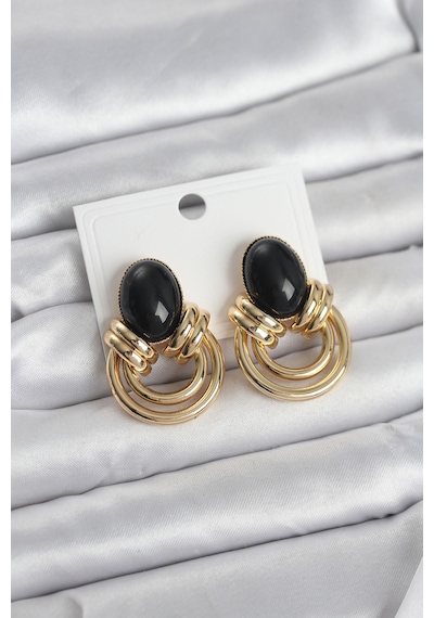 Pirinç Gold Renk Siyah Taşlı Vintage Kadın Küpe Açık Gold