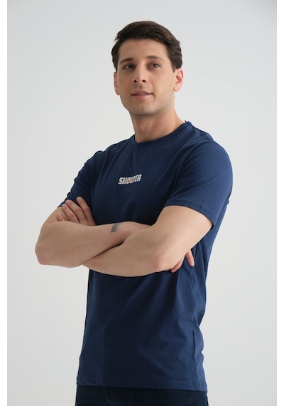 Shooter Sportwear Shooter Erkek T-shirt Minimal Baskılı Pamuklu Kumaş Standart Kalıp İndigo