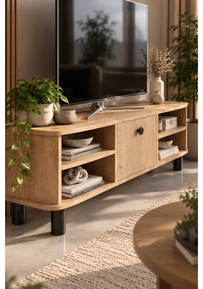 Sulorahome Bej Suntalam Tv Sehpası 136x44 Cm Açık Ceviz