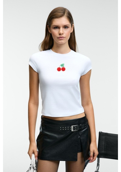 ETHIQUET ZEFIRA Kadın Bisiklet Yaka Kısa Kollu Önü Boncuk İşleme Detaylı Slim Beyaz T-Shirt