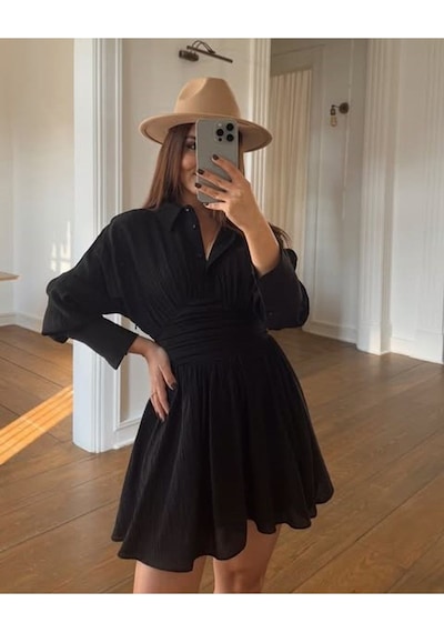Fashion Cocktail Gömlek Stil Düğmeli Yakalı Belden Oturtmalı Transparan Üst Kloş A Formlu Skater Şifon Gece Elbisesi Siyah Fashion Cocktail Gömlek Stil Düğmeli Yakalı Belden Oturtmalı Transparan Üst Kloş A Formlu Skater Şifon Gece Elbisesi Siyah