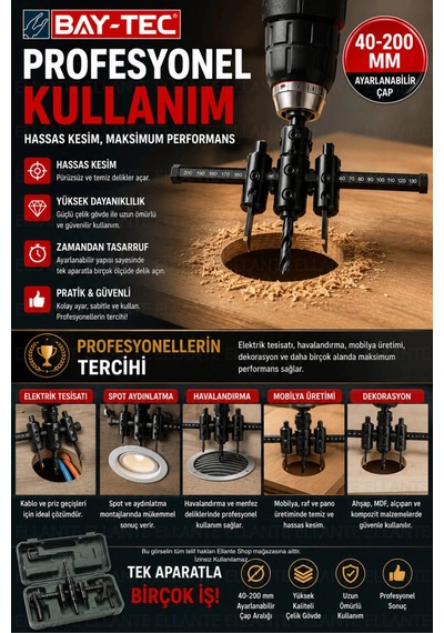Bay-tec 40-200 Mm Ayarlı Delme Panç Seti Ahşap Mdf Alçıpan Pvc Delik Açma Aparatı