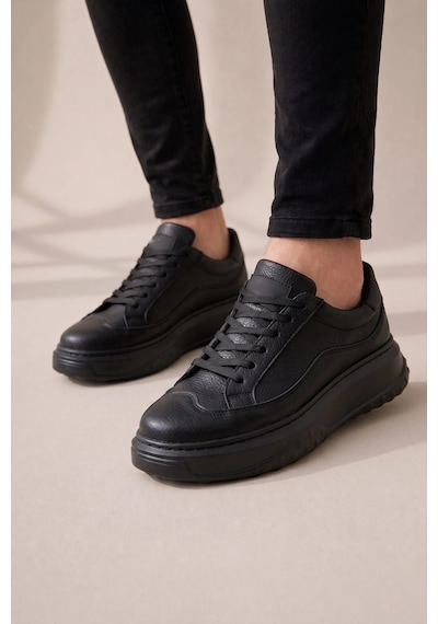 Mevese Ventoy Erkek Bağcıklı Cilt Günlük Sneaker Ayakkabı Siyah