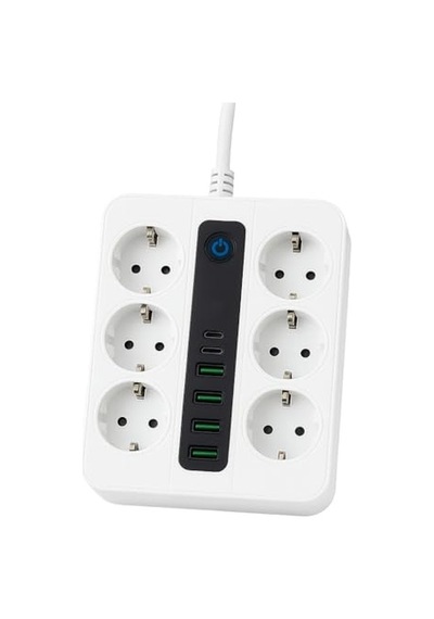 6 Priz + 4 Usb Çıkışlı Akıllı Çoklu Priz - Aç/kapa Anahtarlı, Hızlı Şarj Destekli, 3680 Watt, Ev & Ofis Kullanımı