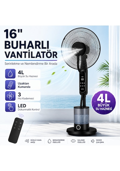 16 İnç Buharlı Vantilatör, 4l Su Hazneli Ayaklı Fan, Uzaktan Kumandalı, Led Ekranlı, 3 Hız Kademeli, 3 Modlu, Nemlendirici Özellikli, Salınımlı Sessiz Vantilatör