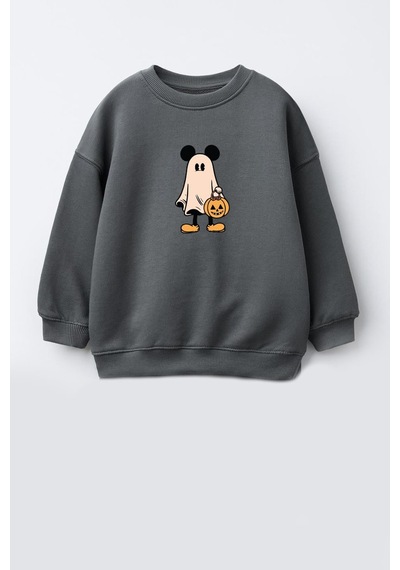 Monila Erkek Çocuk Cadılar Bayramı 3 İplik Pamuklu Kumaş Baskılı Sweatshirt Antrasit