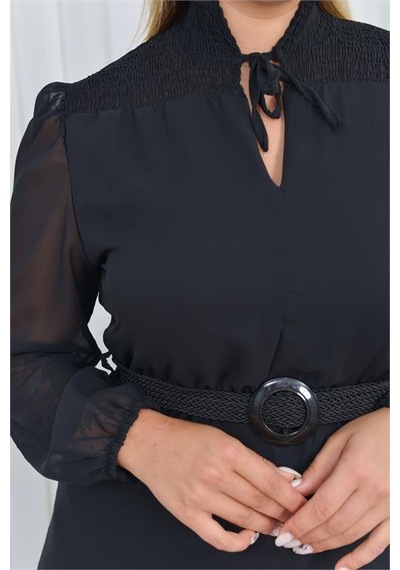 Neşeli Butik Kadın Gipeli Midi Boy Büyük Beden Şifon Elbise Nm7156 Siyah