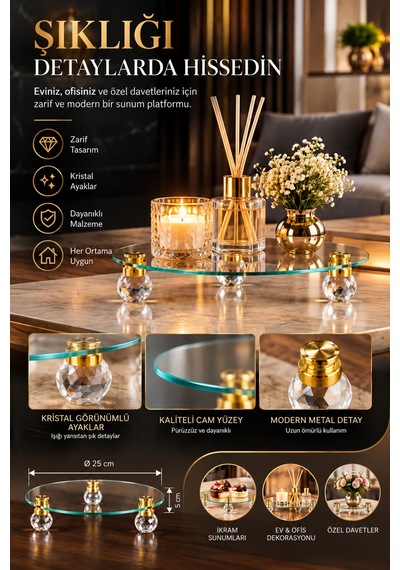 Kristal Ayaklı Gold Detaylı Yuvarlak Cam Sunumluk Ve Dekoratif Servis Standı / Organizer Şeffaf - 936809050 Şeffaf