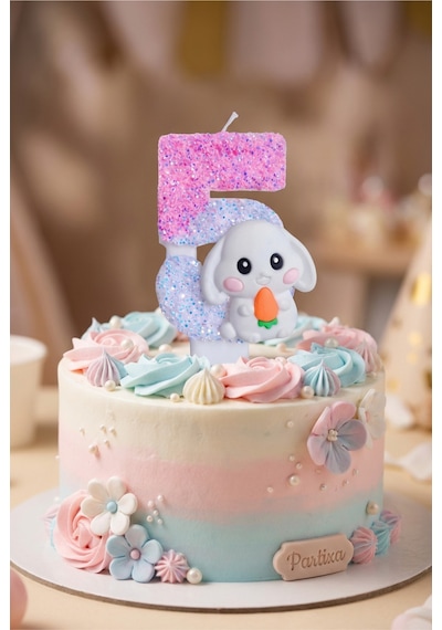 Sevimli Tavşan Figürlü Pembe-beyaz Rakam Mum Doğum Günü Pasta Süsü