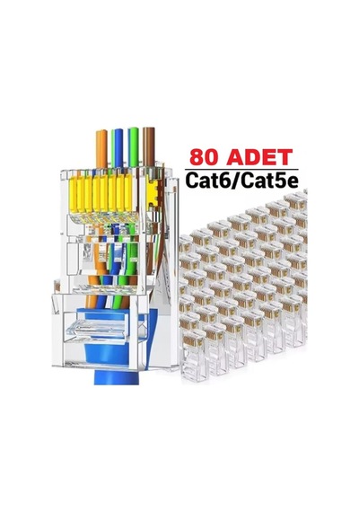 80 Adet Yeni Nesil Delikli Ez Rj45 Cat5/cat6 8p8c Utp Ağ Konnektörü, Standart, Drwlez80a, Şeffaf, Erkek