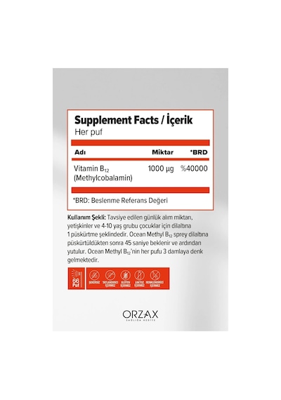 Orzax Ocean Methyl B12 1000 Mcg Sprey 10 Ml - Aktif B12 Vitamini İçeren Takviye Edici Gıda