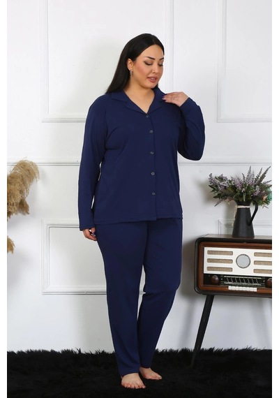 Lenaca Kadın Büyük Beden Pamuklu Cepli Düğmeli Lacivert Pijama Takım Lacivert