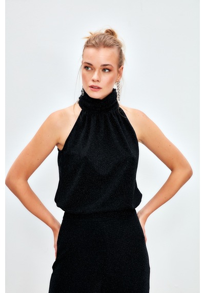 Sateen Kolsuz Parlak Bluz - Siyah