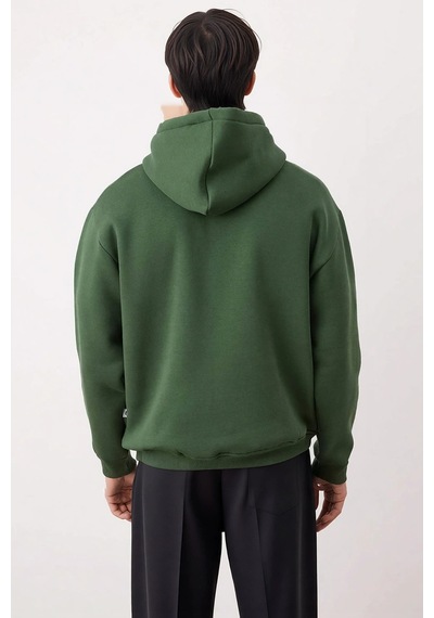Benerly Erkek Kapüşonlu Standart Kol Oversize Kalıp Slogan Desenli Sweats Haki