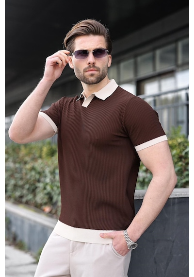 Madmext Kahverengi Polo Yaka Triko Erkek Tişört E7464 Kahverengi