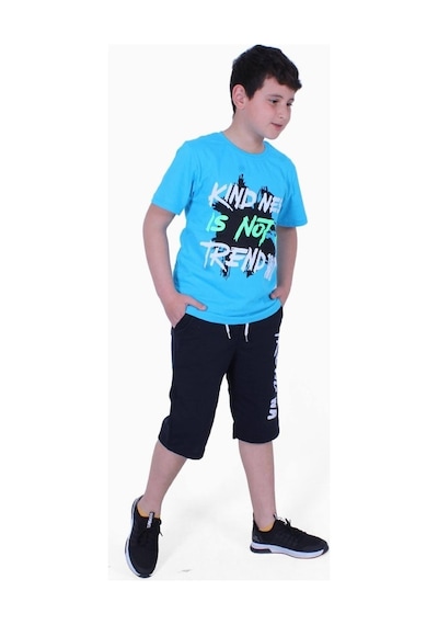 Fyk Kids Kind Nes-trend Wa Yazı Baskılı Erkek Çocuk Kapri Takım Turkuaz
