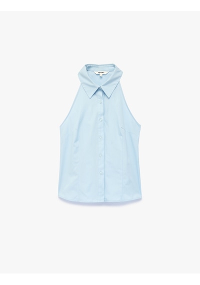Koton Pamuklu Düğmeli Halter Kesim Kolsuz Poplin Gömlek Mavi 6sak60488pw