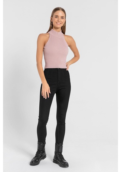 Miss Poem Kadın Kolsuz Slim Fit Boğazlı Fitilli Kısa Antrasit Triko Crop Pudra