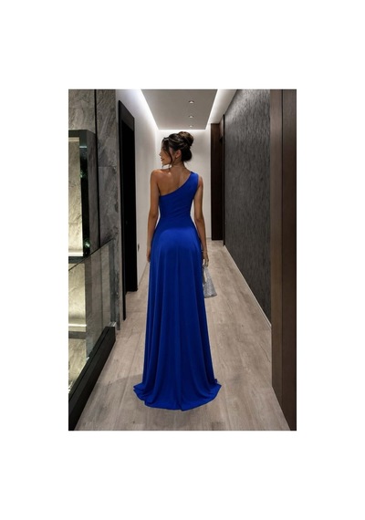 DefyModa Kadın Modern Stil Tek Omuz Kemerli Maxi Abiye Elbise Saks
