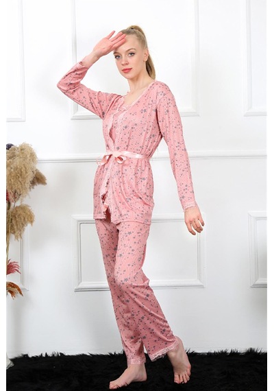 İbrahim Burak Etiler Collection Moda Çizgi Kadın 3'lü Gül Kurusu Sabahlık Pijama Takım 16103