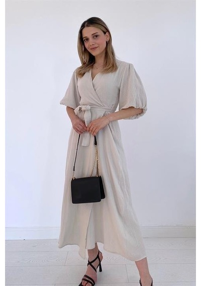 Elbee Fashion Woman Kuşaklı Müslin Elbise - Bej-7108
