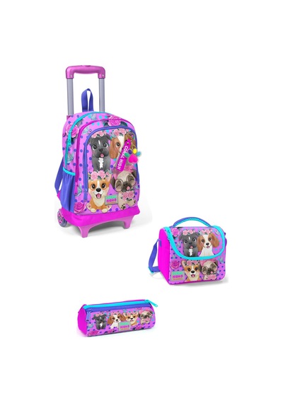 Kids Pembe Köpek Desenli Üç Bölmeli Çekçekli Okul 3'lü Çanta Seti 3set23950