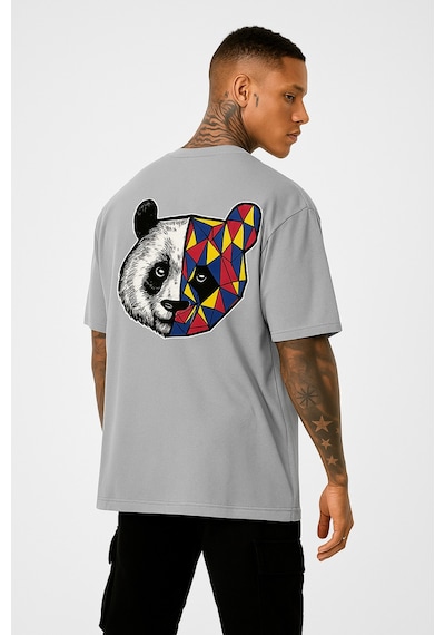 Panda Baskılı Oversize Siyah T-shirt Gri
