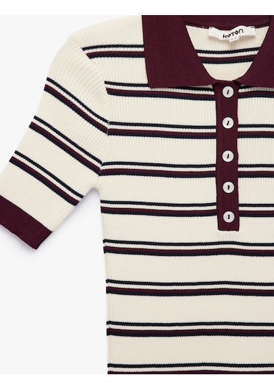 Koton Regular Fit Polo Yaka Çizgili Kısa Kollu Triko Kazak Bordo Çizgili 7wak90456ht