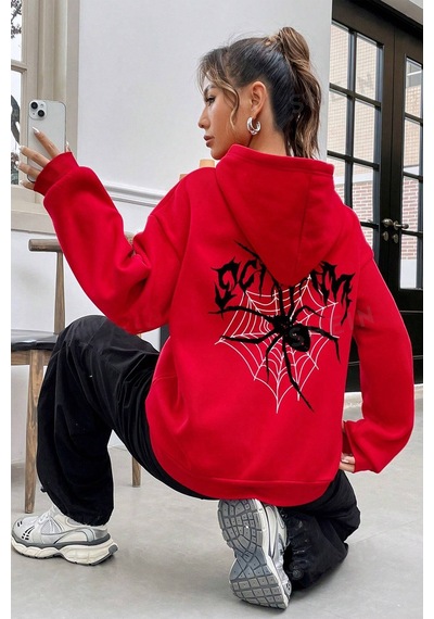 Scream Baskılı Oversize Sweatshirt Kırmızı