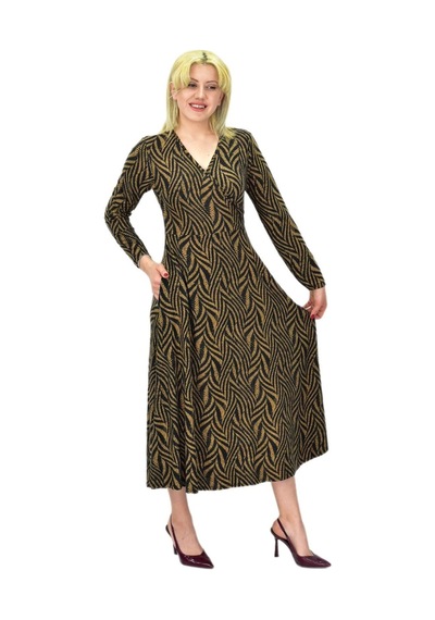 Kadın Viskon Zebra Desenli V Yaka Elbise Bgl-st03535 001