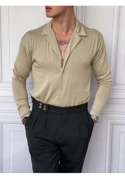 Modefendi Slim Fit %100 Pamuk Triko Kumaş Gömlek Kum Beji