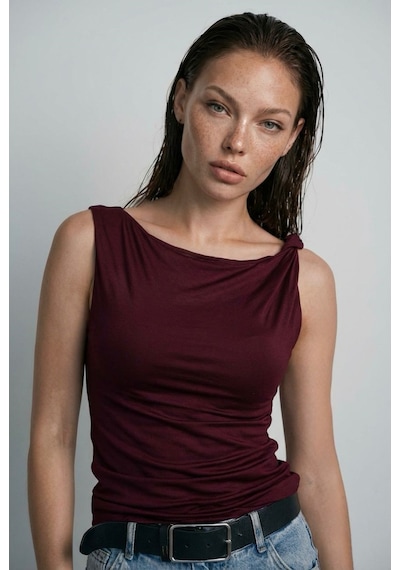 Madmext Bordo Omzu Büzgülü Kadın Şık Bluz Mg2688 bordo