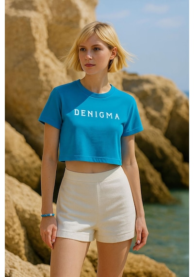 Markapia Kadın Bisiklet Yaka Kısa Kollu Crop T-shirt Mavı