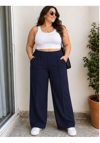 Cocosushicooo Büyük Beden Kadın Lacivert Bol Paça Pantolon Rahat Kesim Lastikli Bel Cepli