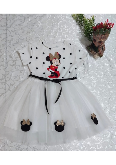 Alfa Expres 2-3-4 Yaş Puantiyeli Mickey Baskılı Kurdela Kuşaklı Astarlı Kız Bebek Tütü Elbisesi Beyaz Beyaz