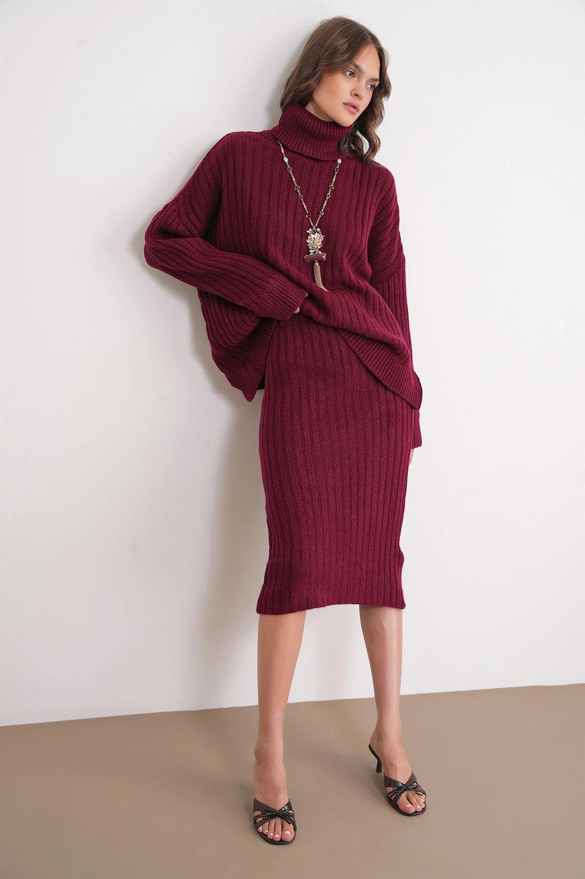 Mixray 6929 Kadın Fitilli Triko Etek Bordo Bordo