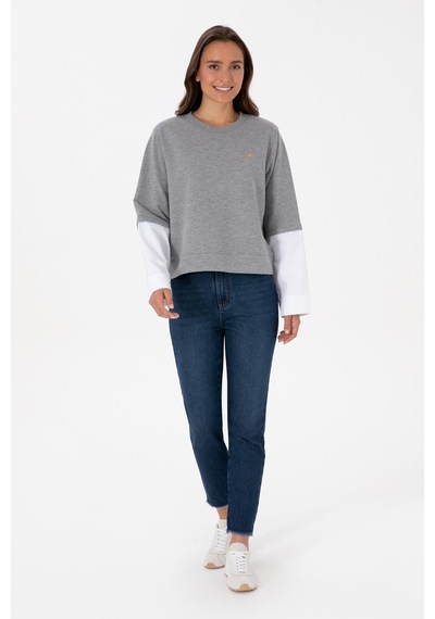 U.S. Polo Assn. Kadın Gri Melanj Gömlek Detaylı Bisiklet Yaka Sweatshirt 50315303-VR086