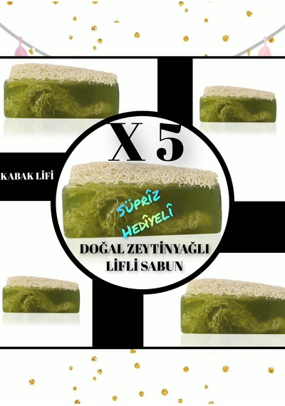Beş Adet Zeytin Yağlı Kabak Lifli Katı Sabun Bambu Izgaralı Sabunluk Hediye