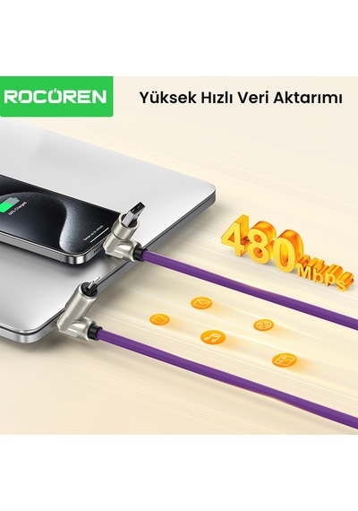 Rocoren 240w 4'ü 1 Arada Type-c / Usb-a / Lightning Mor Silikon Şarj Ve Data Kablosu 1.2 Metre