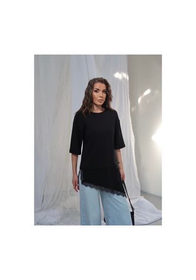 Paw Garage Kadın Elora İnterlok Kumaş Eteği Dantel Detaylı Oversize T-shirt Siyah