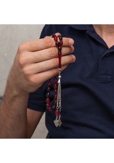 Metal Püsküllü Kırmızı Siyah Sıkma Kehribar Tesbih - Bd11005275
