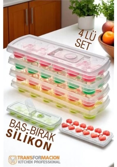 K&A Buz Kalıbı - Bas-bırak Kapaklı Silikon Buz Kalıbı 4 Lü Set 721815 Acı Kahverengi