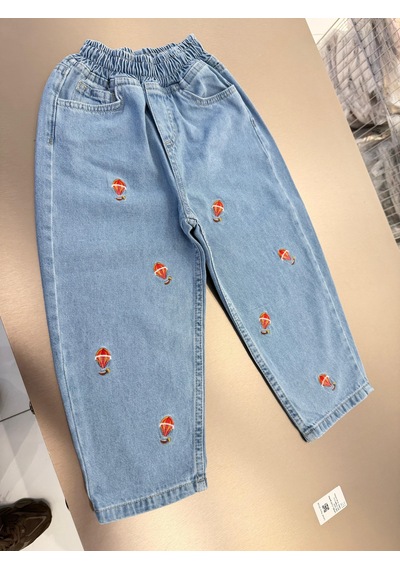 Magu Unisex Çocuk Pamuklu Balon Nakışlı Oversize Kot Pantolon Mavi