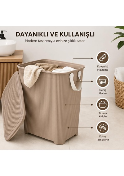45 L Kapaklı Kirli Çamaşır Sepeti Modern Çizgili Tasarım Taşıma Kulplu Dayanıklı Plastik Banyo, Çamaşır Odası Ve Yatak Odası İçin 40 X 34 X 47 Cm, Kahve Çok Renkli