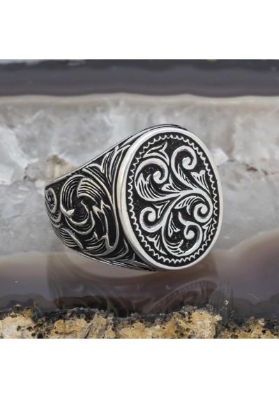 Oyma Desenli Oval Taşsız 925 Gümüş Erkek Yüzük