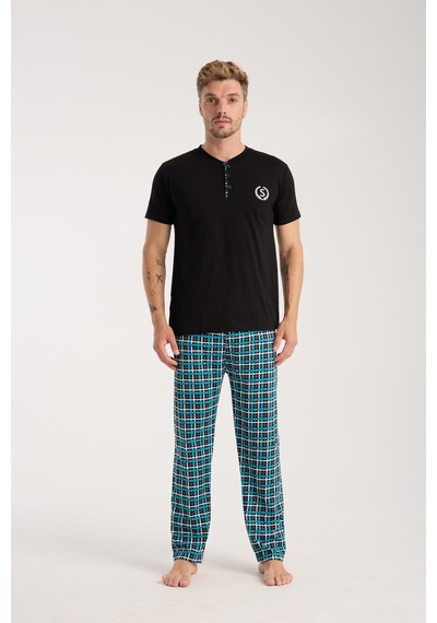 Akbeniz Erkek Düğmeli Yaka Siyah Kısa Kol Pijama Takımı