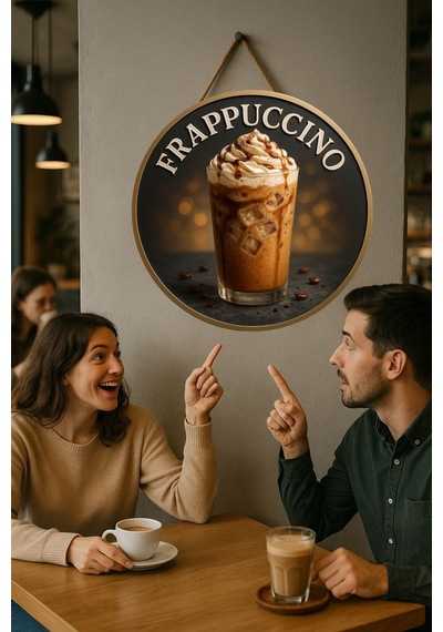 Frappuccino Temalı Yuvarlak Cafe Tabelası, Jüt İpli Ahşap Duvar & Kapı Dekoru, Barista Tarzı Süs
